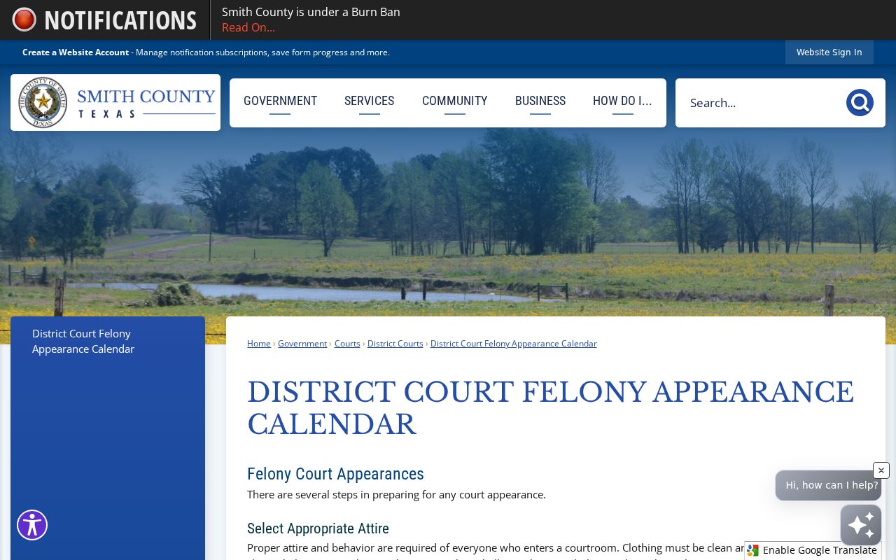 Smith County court schedule felony appearance calendar