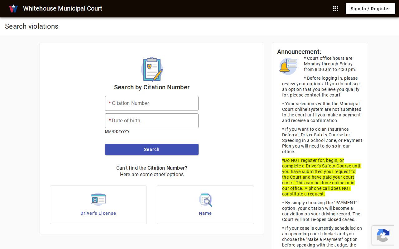 Whitehouse court records search by citation license vehicle and name